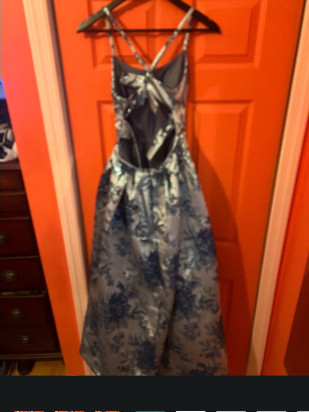Girls' Blue Floral Satin Formal Dress with Crisscross Straps